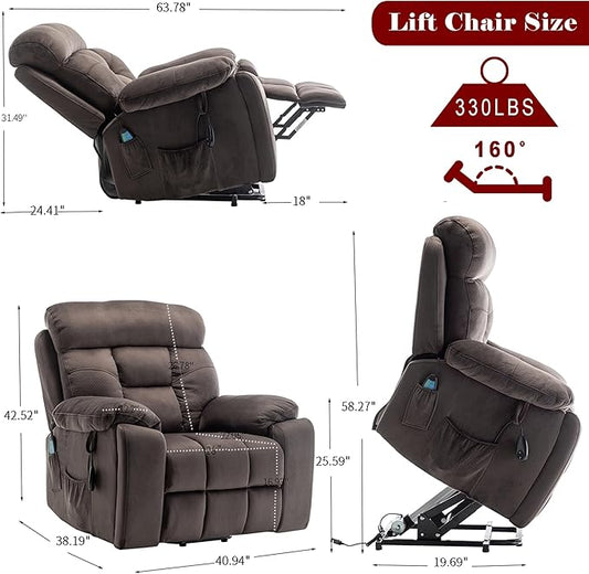 Power Lift Recliner Chair with Massage and Heating Functions,Velvet Sofa with 2 Remote Controls and Two Cup Holders,Recline up to 160 Degrees,Suitable for Living Room