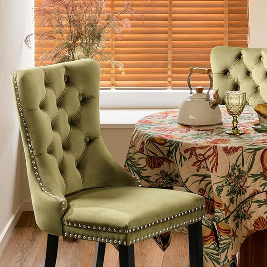 Velvet Upholstered Dining Chairs Set of 2, Modern Style Kitchen Side Chairs with Nailhead Trim and Wood Legs,Metal Pulling Ring for Dining Room Living Room(Olive Green,Set of 2)