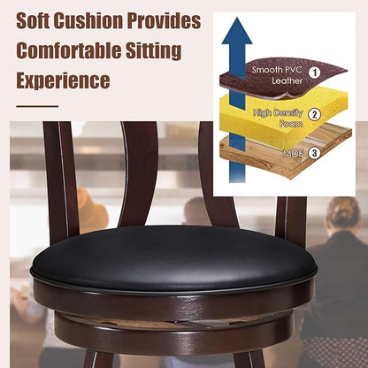 COSTWAY Bar Stools Set of 2, 360-Degree Swivel Stools with Leather Padded Seat, Single Slat Back & Solid Rubber Wood Legs, Counter Height Stools for Pub, Restaurant, Kitchen, Brown (4)