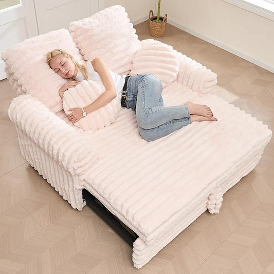 Belffin Upholstered Chaise Lounge Pull Out Sofa Bed with Pillows Couch Bed Sofa Pull Out Couch Sleeper Chair with Rolled Armrests for Living Room Plush Corduroy (Pink)