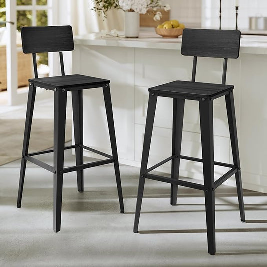 VASAGLE Set of 2 Bar Stools, Bar Height Stools, 29.1 Inches Tall Barstools with Back, Counter Bar Chairs for Kitchen Island, Steel Frame, Industrial Style, Easy Assembly, Ash Black and Ink Black