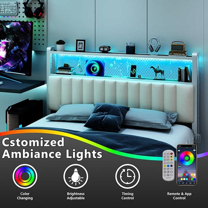 VINGLI Queen Size Headboard Only, Adjustable Upholstered Headboard with 2 Tier Shelves and Pegboard with Charging Stations and LED Lights, Modern Bed Headboard with Storage for Bedroom Decor