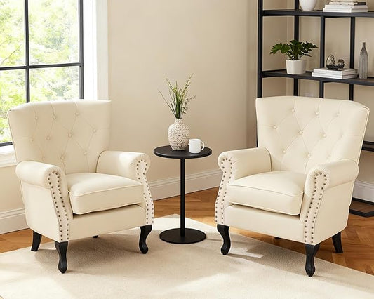Modern Accent Chair Set of 2, Mid-Century PU Leather Armchair with Solid Wood Legs, Single Sofa Chair for Living Room, Bedroom, Leisure Room, or Reading Room(Ivory White)