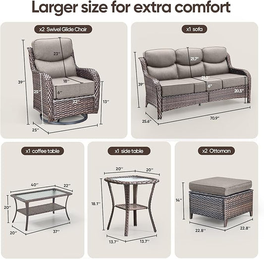 Swivel Patio Chairs sofa Set of 7 with 6" Thick Cushion - Wicker Outdoor Swivel Rocker Patio Chair ,Sofa/Glass coffee table, High Back Comfortable Outdoor Glider Chairs - Brown Wicker | Gery Cushions