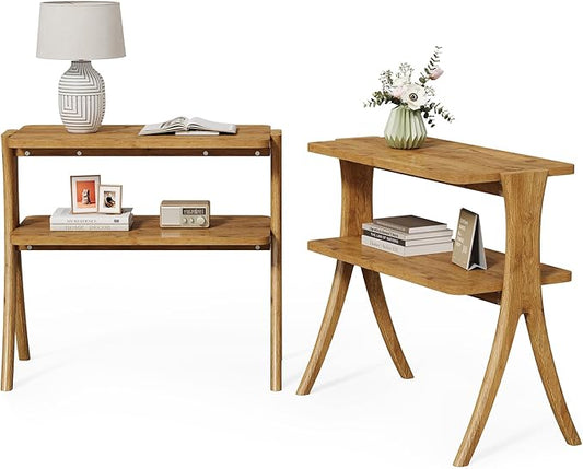 LITTLE TREE Narrow Side Table Set of 2, Small Side Table, 2-Tier Farmhouse End Table with Solid Wood Legs, Space-Saver for Living Room, Bedroom, Entryway (Light Walnut)