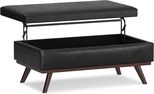 SIMPLIHOME Owen 42 inch Wide Mid Century Modern Rectangle Lift Top Large Coffee Table Storage Ottoman in Distressed Black Vegan Faux Leather, Assembled, for the Living Room, Entryway and Family Room
