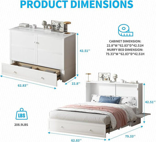 Mjkone Murphy Bed Queen Cabinet Bed with Tri-fold Mattress and Built-in USB Charging & 2 Drawers & Bedside Panel, Hidden Guest Beds, Murphy Cube Chest Cabinet Beds for Bedroom/Apartment - White