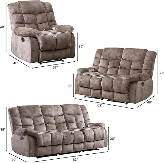 EBELLO Reclining Living Room Set, Includes One Seat Manual Recliner, Loveseat Recliner Sofa and 3PC Bonded Manual Sofa Couch, Brown