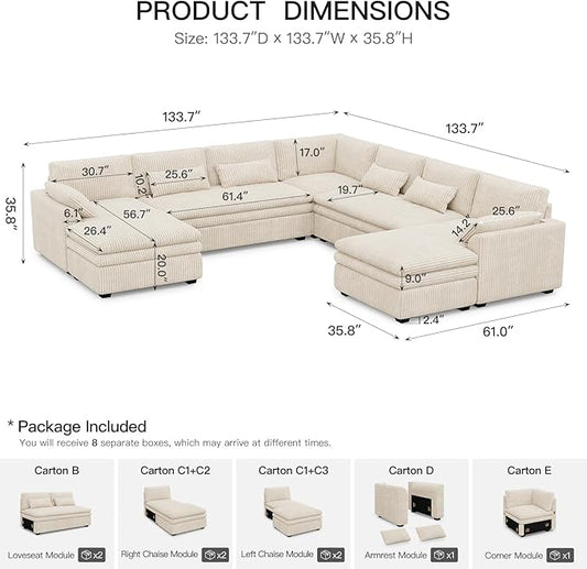 Belffin Large Modular Sectional Sofa with Double Deep Chaise and Loveseat, Corduroy U Shape Couch with 9" Soft Dual-Layer 9 Seats Cushion for Living Room, Apartment, Beige