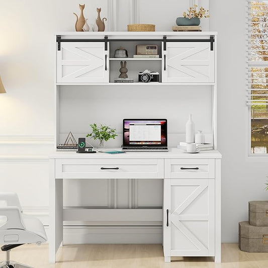 Farmhouse 47" Executive Computer Desk with 2 Drawers and Storage Cabinet, Home Office Desk with Hutch and Charging Station, Workspace for Work and Study (Cream White).