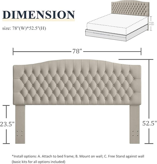 King Headboard Only, Upholstered Head Board for Adjustable Bed Velvet Tufted Cal King Size Wall Mounted Headboard with Solid Wood Legs Head Board, Taupe