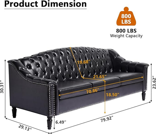 LEVNARY Mid-Century Modern Leather Couch, 80" Large Upholstered Sofa with High Back, Chesterfield Sofa Sleeper Settee with Solid Wood Legs, Tufted 3 Seater Wide Couches for Living Room Office (Black)