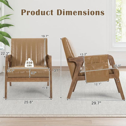 EROMMY Mid Century Modern Leather Accent Chair with Wood Frame, Faux Leather Accent Armchair with Storage Bag,Pu Living Room Accent Chair for Reading, Bedroom,Light Brown