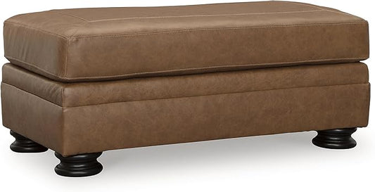 Signature Design by Ashley Carianna Traditional Firmly Cushioned Leather Rectangular Ottoman with Decorative Turn Legs, Brown
