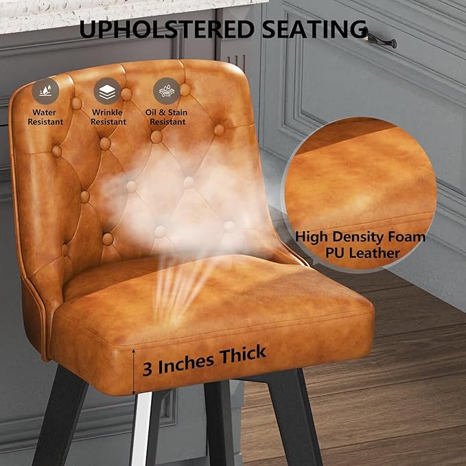 MINCETA Bar Stools Set of 2, PU Leather Barstools, 26 Inch Upholstered Counter Stools with Low Tufted Back and Footrest, Swivel Counter Height Barstools for Kitchen Island Home Bar Brown