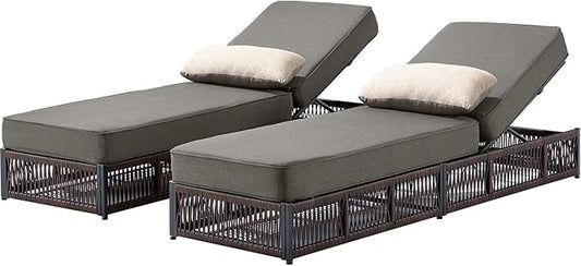 Luxury Outdoor Chaise Lounges with 5 Inch Thickened Cushions - Set of 2 High Back Brown Wicker Patio Recliners Rattan Reclining Chairs Porch Poolside Pool Sunbathing Lounger - Grey