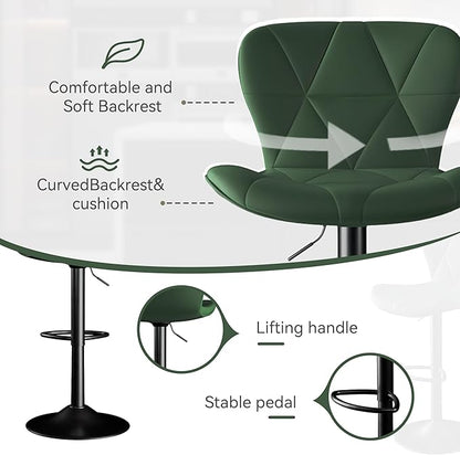 Bar Stools Set of 6,Adjustable Swivel Barstools, Faux Leather Bar Chairs,Upholstered Counter Height with High Backrest for Kitchen Island, Green