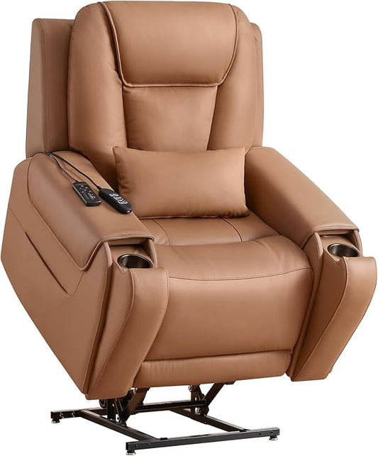 CHITA Electric Power Lift Recliner Chair for Elderly with Massage and Heat, Large Lay Flat Genuine Leather Recliner Chair with Cup Holders, USB Ports, Power Headrest, Independent Backrest, Saddle