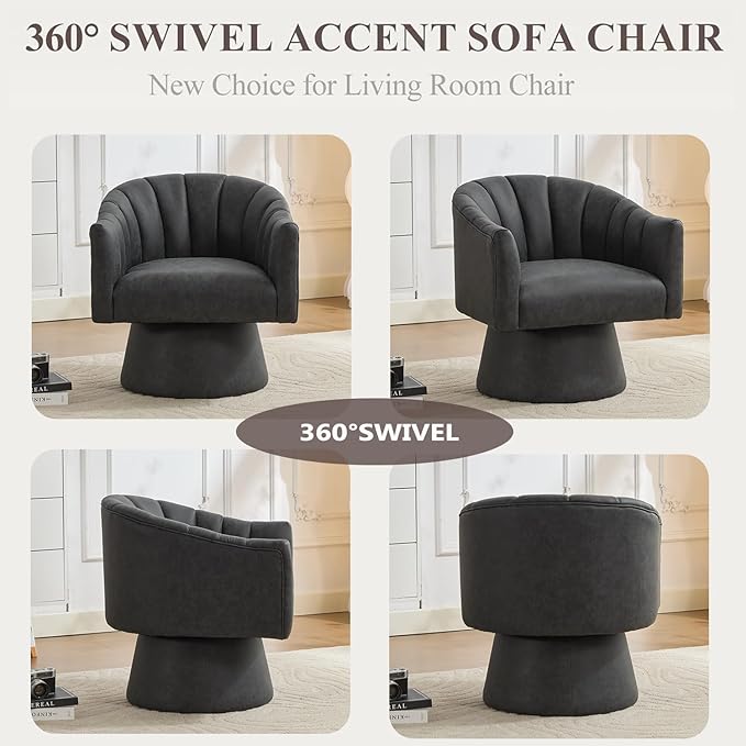 Swivel Accent Chair, Faux Leather 360° Swivel Barrel Chair Upholstered Modern Living Room Chair, Overstuffed Reading Armchair for Bedroom,Vanity,Office-Black