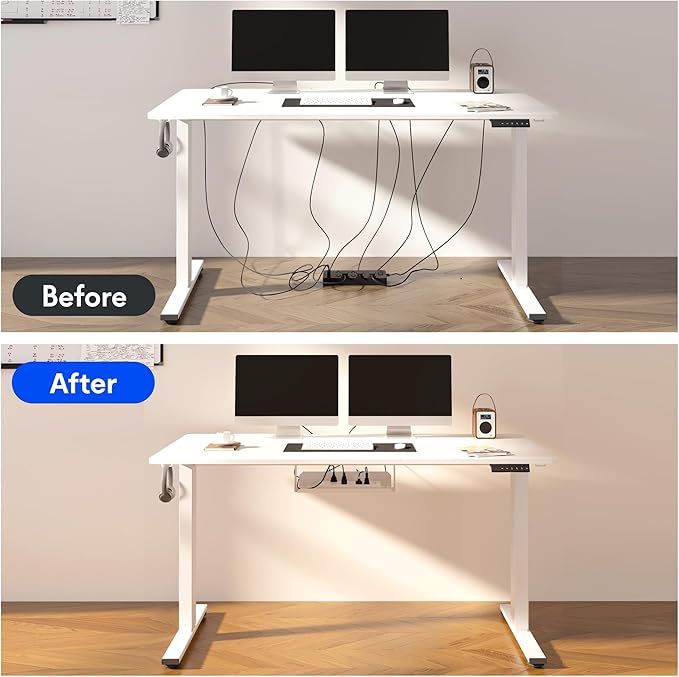 FLEXISPOT EN2 Whole-Piece Standing Desk with Clamp Power Strip, 55 x 28 Electric Stand Up Height Adjustable Desk with Cable Management (White Frame + 55" White Wood Grain Desktop, 2 Packages)