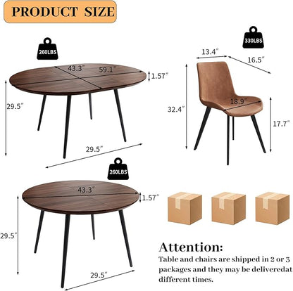 43.3"-59.1" Extendable Round Dining Table Set for 4, Mid Century Modern Wooden Round Table, Leisure Coffee Table,w/ 4 PU Leather Chairs