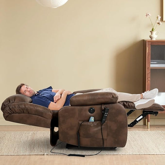 MAEVIS Power Recliner Chair, Lay Flat Sleeping Lift Chairs Recliner for Elderly with Heat and Massage,Comfy Real Breathable Leather Recliners with Dual OKIN Motor for Living Room (Ochre)