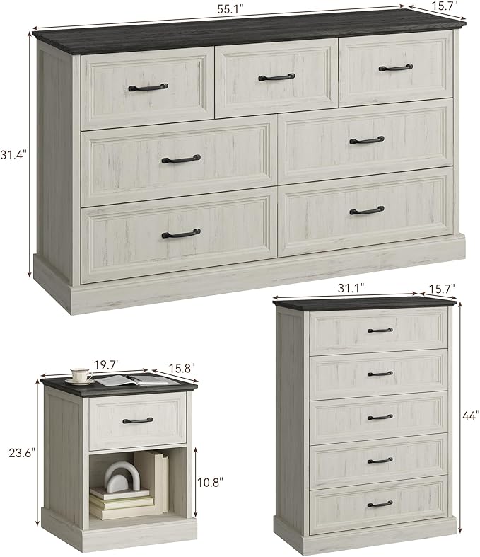 CARPETNAL Farmhouse Dresser and Nightstand Sets for Bedroom, 4 Pcs Bedroom Set, 5 Drawer & 7 Drawer Dresser and Nightstand Set of 2, Wood Chest of Drawers for Living Room, Entryway, White