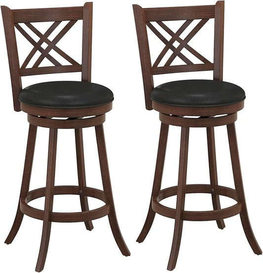 COSTWAY Bar Stool Set of 2 for Kitchen Island, Swivel Upholstered Bar Height Barstools with PU Surface, Rubber Wood Frame, 360° Rotatable Seat, Curved Back, Sturdy Footrest (2, 29" Seat Height)