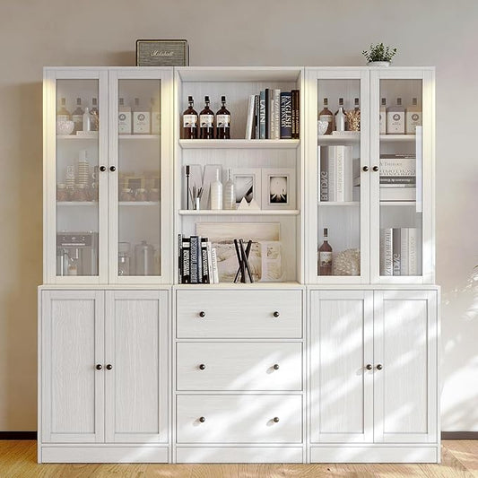 VOWNER Vertical File Cabinet, 3-Tier Modern Bookshelf with 3 Large Drawer, Wood Filing Cabinet with Open Storage Shelf, Glass Doors and Fixed Storage Shelves for Home Office, White