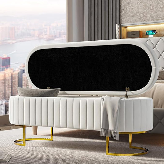 EcoHarbor Living 55.5" Storage Bench Ottoman End of Bed Bench Bedroom Bench, Upholstered Velvet Long Window Bench Large King Size with Gold Legs, Flipping Lid Entryway Footrest