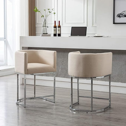 Contemporary Cream Linen Bar Stools Set of 4, 24" Upholstered Fabric Counter Height Barstools Kitchen Counter Island Stools with Screwed Together Chrome Finish Base