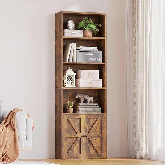 MXV Bookshelf Bookcase with Doors, 6 Tier 71" Tall Wooden Storage Shelves Organizer, Floor Standing Display Cabinet Shelves, Home Decor Furniture for Home Office, Living Room, Bedroom, Brown