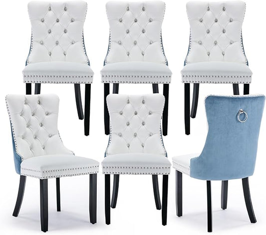 Leather Upholstered Dining Chairs Set of 6, Modern Style Kitchen Side Chairs with Nailhead Trim and Wood Leg, Metal Pulling Ring for Dining Room Living Room(White&Blue,Set of 6)