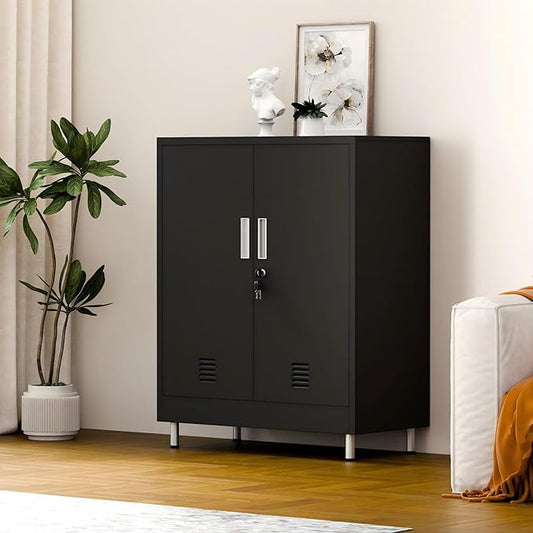 Metal Storage Cabinet with Locking Doors and Adjustable Shelves, Small Lockable Storage Cabinet for Home Office Garage Pantry Entryway Living Room (Black)