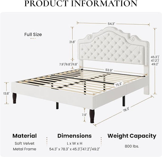 SHA CERLIN Full Size Bed Frame with Adjustable Headboard/Velvet Upholstered/Diamond Button Tufted and Metal Studs/No Box Spring Needed/Sturdy Wood Slat Support/Easy Assembly/White