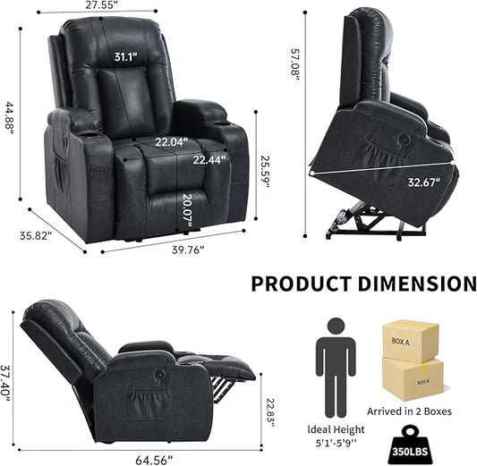 PELUMY Manual Lift Recliner Chair for Elderly with Massage & Heat, Oversized Heavy Duty 350 lbs Recliner with Cup Holders & USB Ports, Infinite Positioning Lift Chair (Breathable Leather, Dark Grey)