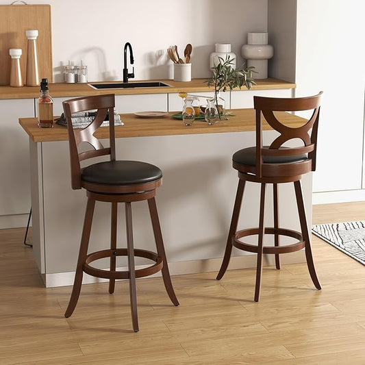 COSTWAY Bar Stools Set of 2, 30.5” 360-Degree Swivel Chairs with Soft Cushion & Elegant Hollow Backrest, Rubber Wood Footrests, Upholstered Swivel Bar Stools for Kitchen Island, Pub, Café (2, 30.5‘’)