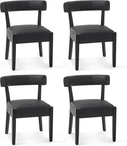 Modern Black Dining Chairs Set of 4, Faux Leather Upholstered Kitchen & Dining Room Chairs, Mid Century Modern Wooden Dining Chairs Oversized Sturdy Rounded Chairs Curved Back