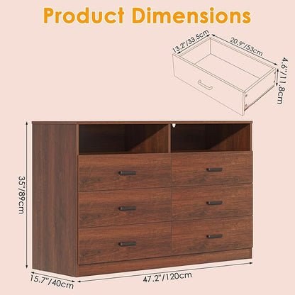 Bigbiglife 6 Drawers Dresser for Bedroom Wooden Drawer with Open Storage Cubby, Double Wide Dresser Organizer for Bedroom, Living Room, Entryway, Hallway (Walnut Brown)