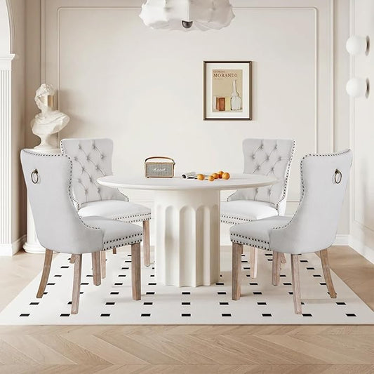 Linen Upholstered Dining Chairs Set of 4, Modern Style Kitchen Side Chairs with Nailhead Trim and Wood Leg, Metal Pulling Ring for Dining Room Living Room(Beige,Set of 4)
