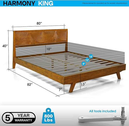 Acacia Harmony King Platform Bed Frame – Solid Rubber Wood, Caramel Finish, Mid-Century Modern Design, Unique Circular Wood Grain, 800lbs Capacity, No Box Spring Needed, Easy Assembly