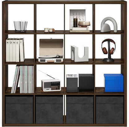 Furinno Cubicle Book Shelf, 16-Cube Thick Frame Bookshelf, Reversible Bookcase with Open Back, 14.6 x 57.8 x 58, for Living Room, Bedroom, Home Office, Amber Pine