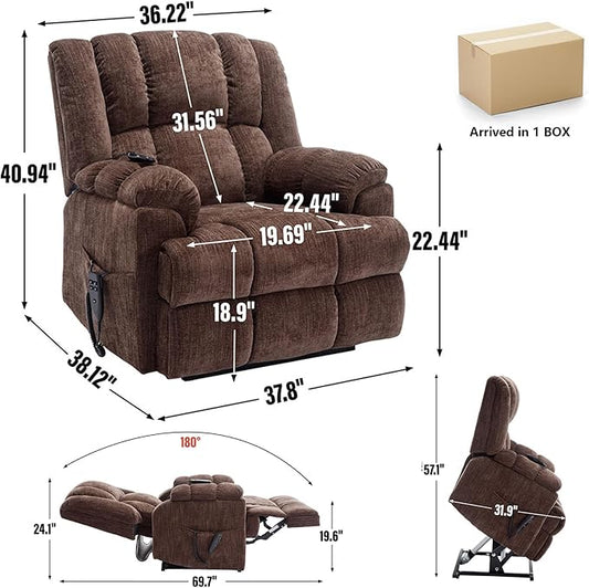 Power Lift Recliner Chair for Elderly, Oversized Chenille Electric Recliners Chairs for Living Room, Dual Motor 180° Lay Flat Recliner Big Sofa with Massage and Heating, Heavy-Duty, Brown