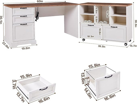 60" L-Shaped Executive Desk with 40" File Cabinet,Farmhouse Home Office Desk with Charging Station,Wood Computer Desk Set for Office Work,Home Study