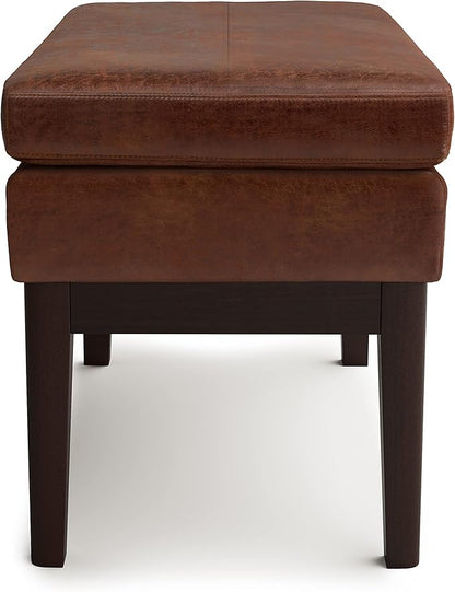 SIMPLIHOME Carlson 2-inch Wide Vegan Faux Leather Small Ottoman Bench in Distressed Black with Solid Wood Frame for Living Room, Entryway, or Bedroom