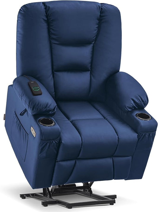 MCombo Power Lift Recliner Chair for Elderly, Lift Chair with Heat and Massage, USB Ports, Cup Holders, Faux Leather 7519 (Medium, Navy Blue)