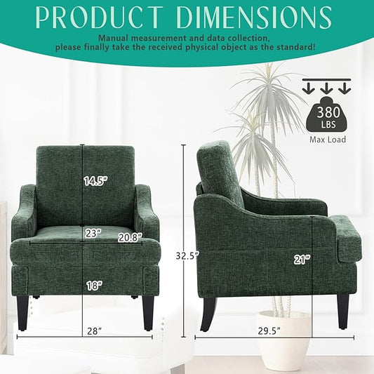 Modern Accent Chairs Set of 2 Upholstered Reading Chair for Bedroom with Side Pockets Comfy Living Room Chairs Living Room Oversized Armchair for Office, Apartment (Green Chenille)
