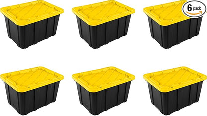 Sterilite 27 Gal Industrial Tote, Stackable Storage Bin with Snap-Fit Lid for Garage, Basement & Attic Storage, Black Base and Yellow Lily Lid, 6-Pack