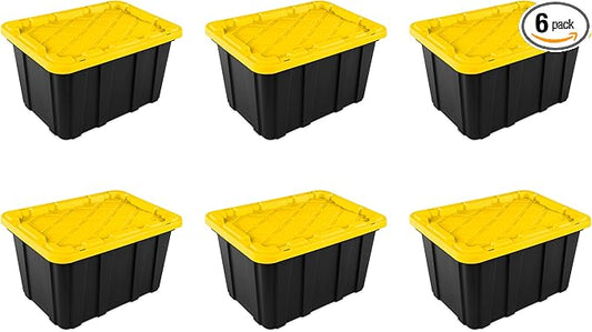 Sterilite 27 Gal Industrial Tote, Stackable Storage Bin with Snap-Fit Lid for Garage, Basement & Attic Storage, Black Base and Yellow Lily Lid, 6-Pack