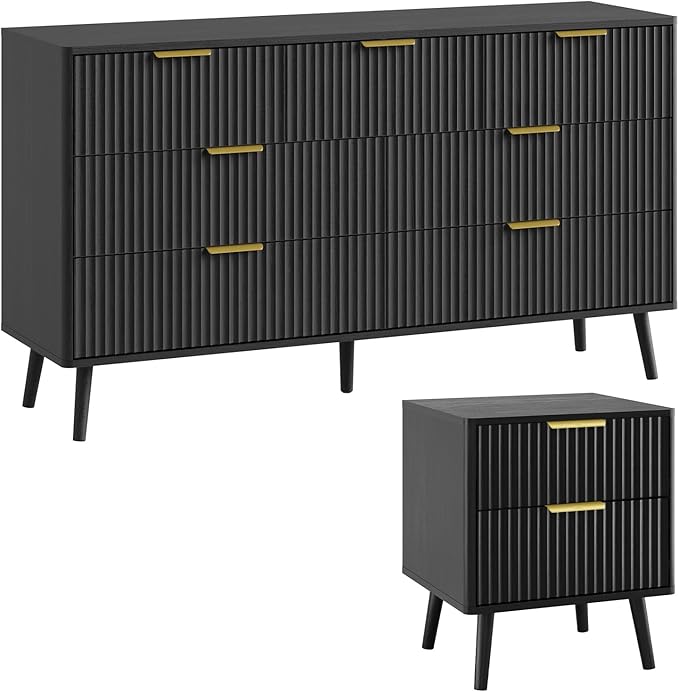 LYNSOM Fluted Dresser and Nightstand Sets 2 Piece, 2-Drawer Nightstands and 7-Drawers Dresser, Wood Bedroom Furniture Set for Home, Bedroom, Hallway, Black